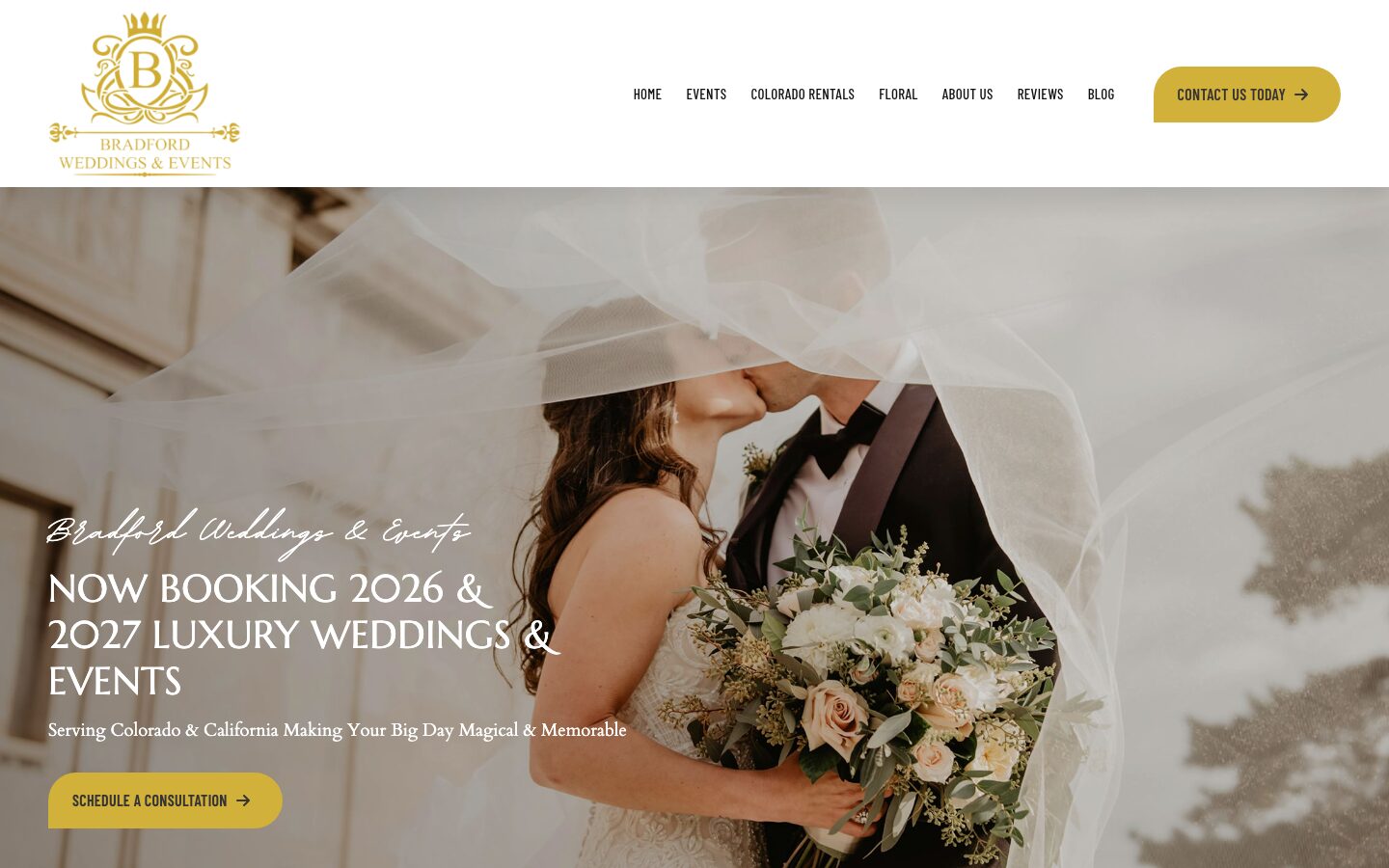 Bradford Weddings and Events homepage on a laptop